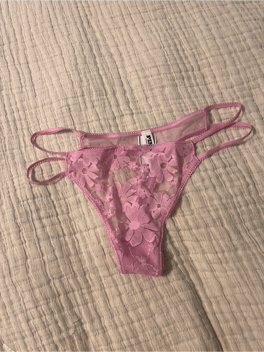 PINK Victoria's Secret Sheer Floral Lace Double Strap Thong - Light Pink M